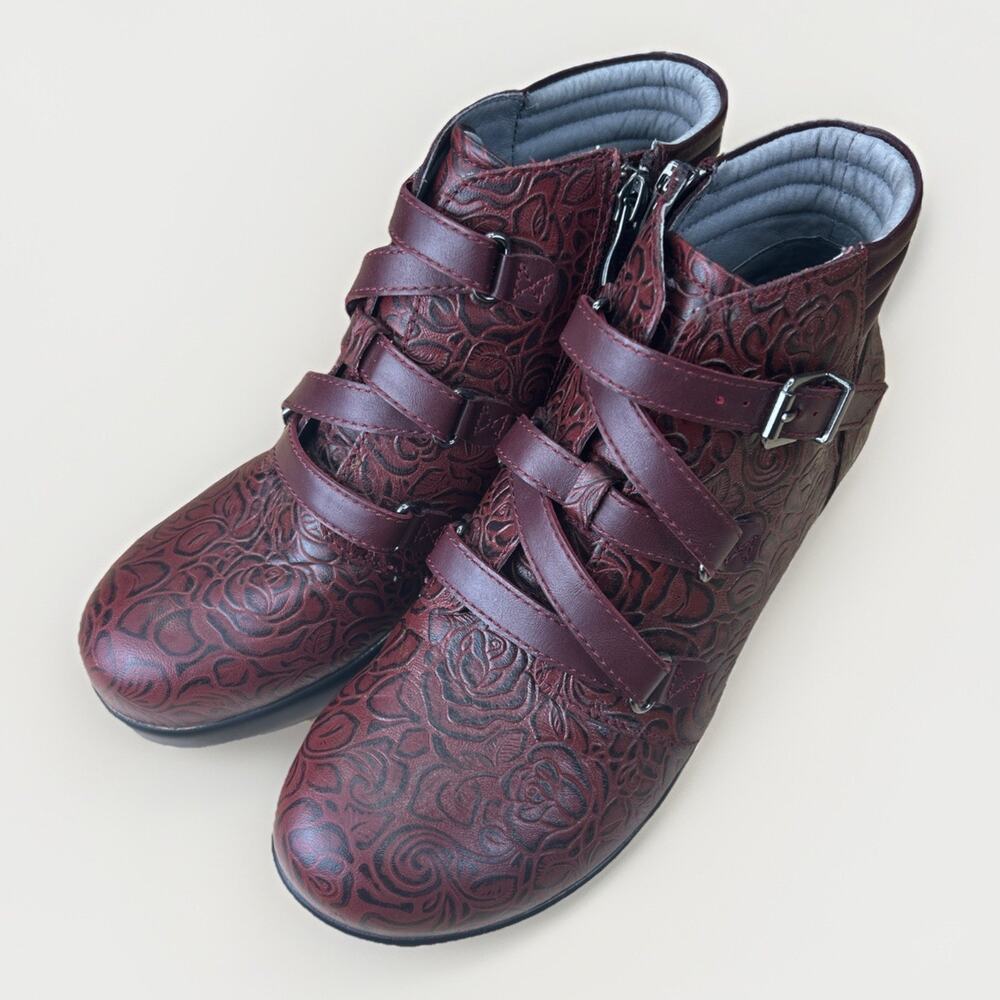 Alegria Women's Burgundy Floral Embossed Ankle Booties
